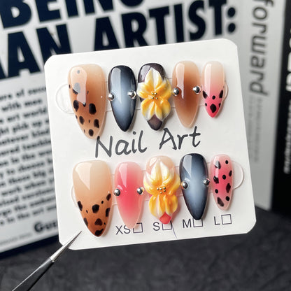 【Dyed Nail】Hand-Worn Armor3D Three-Dimensional Carved Sexy Leopard Blush Nail Cross-Border European and American Hot Girl Almond Nail