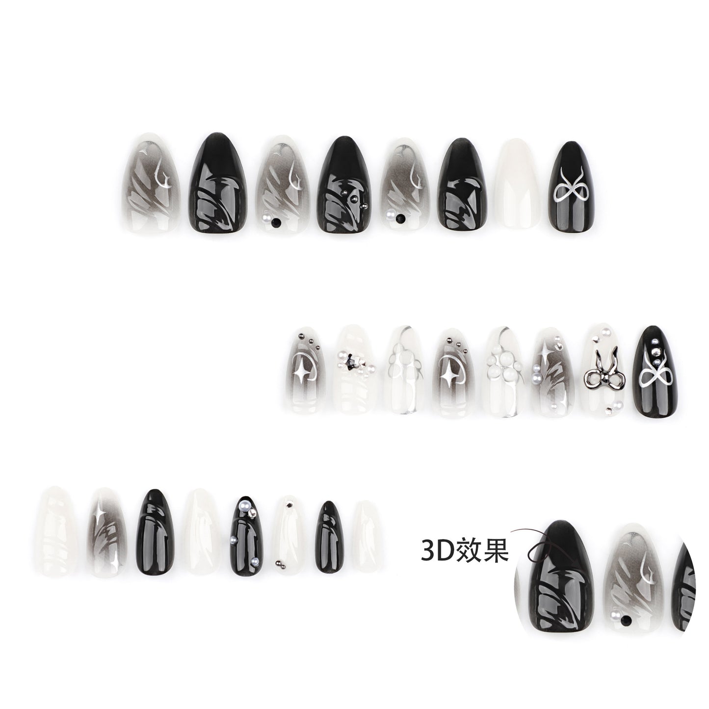 Hot Girl Black Smudges3D Wear Nail Three-Dimensional Bow Manicure Fake Nails Silver Asterism Nail Tip Finished Product Wholesale