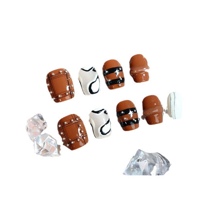 Filbert Latte Hot Selling European and American Short Square Brown Hand-Wear Armor Punk Plaid Nail Stickers