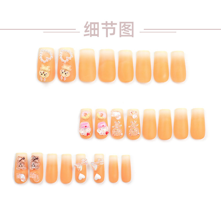 French Gradient Wear Nail Love Heart Bow Tie Nail Art Cartoon Rabbit Bear Donut Warm Color White Nail Tip