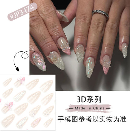 Sweet French Pink Wear Armor3D Pearl Nail Beauty Fake Nails Stereo Bow Nail Tip fake nails