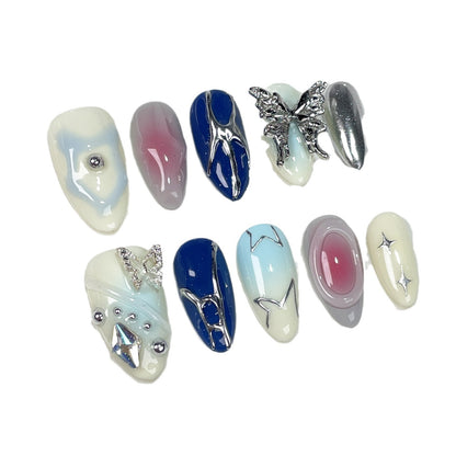 ins Wind y2k European and American Sweet Cool Color Three-Dimensional Metal Butterfly Hand-Worn Armour Almond Finished Nail Beauty Patch