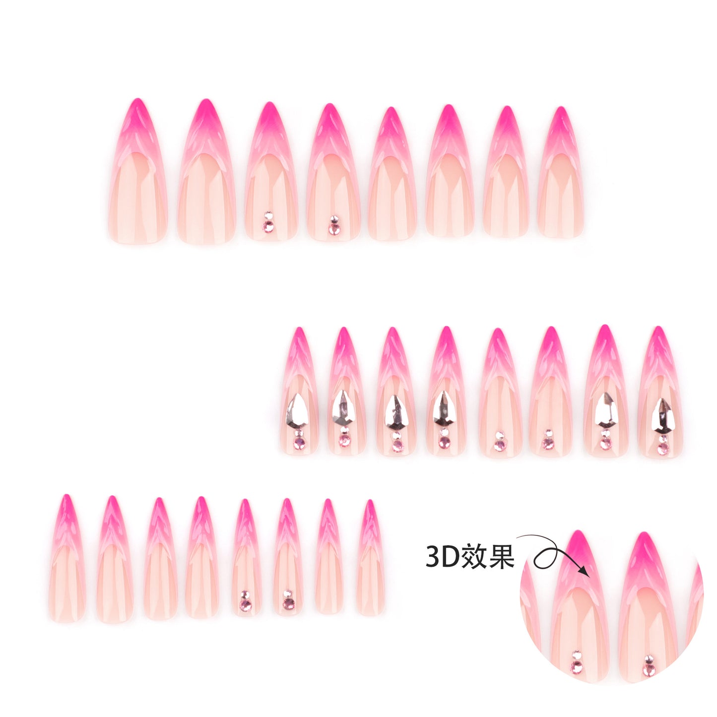 Super Long Pointed Nail Tip Finished Products Wholesale French Rose Gradient Fake Nails Rhinestone3D Three-Dimensional Manicure Wear Nail