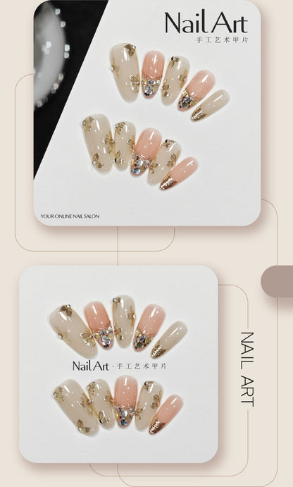 Handmade Wear Armor High-Grade Autumn and Winter Champagne Gilding Small Flower Handmade Nail Stickers Fake Nail Tip Wholesale