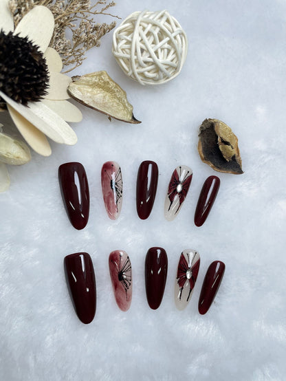 Handmade Wear Nail Autumn and Winter High Class Elegant White Cherry Jump Color Blooming Hand Painted Butterfly Long Manicure