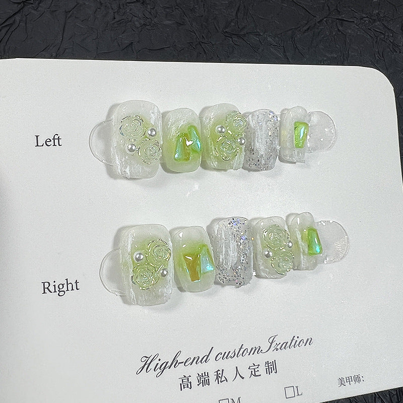 Temperature Change Camellia Aurora Light Diamond Finished Nail Beauty Patch Handmade Wear Nail Short Reuse Fake Nails