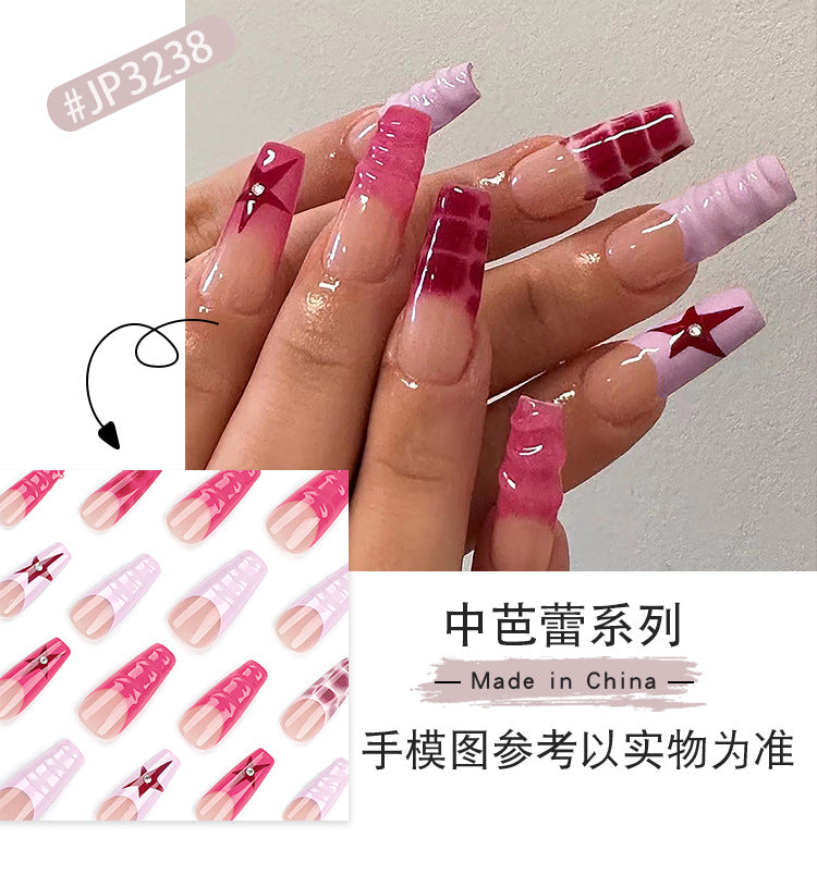 Cross-Border Europe and America3D French Red Wear Armor Long Hot Five-Pointed Star Spot Drill Nail Tips Finished Product Wholesale