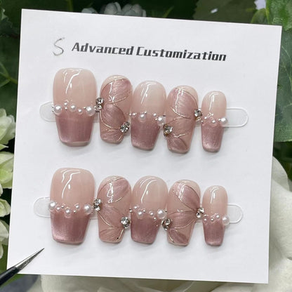 Xiaohongshu Same Style Ribbon Handmade Wear Nail Hand Painted Pearl Cat Eye Fall/Winter Hot-Selling White Finished Nail Beauty