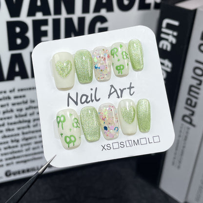 Spring and Summer New Nail Beauty Green Cat's Eye Cute Hand-Painted Bow Hand-Worn Armor Wearable Nail Sticker Wholesale