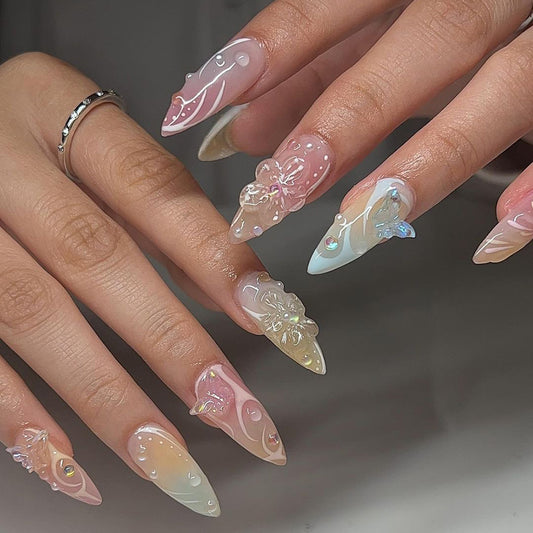 Summer Fresh Wear Armor3D Butterfly Manicure Short Almond Fake Nails Blooming Bubble Beads Nail Tip nails