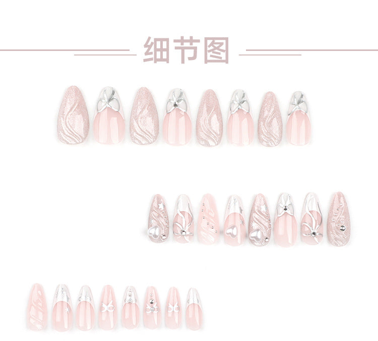 Cross-border hot selling3D French Wear Nail Polish Piece Wholesale Love Heart Bow Tie Nail Art Almond Type Fake Nails Nail Sticker