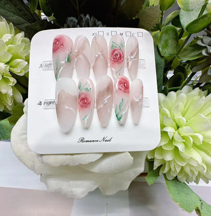 Handmade Wear Nail Gentle Temperament Marble Blooming Hand Painted Rose Mid-Length Wear Nail Handmade