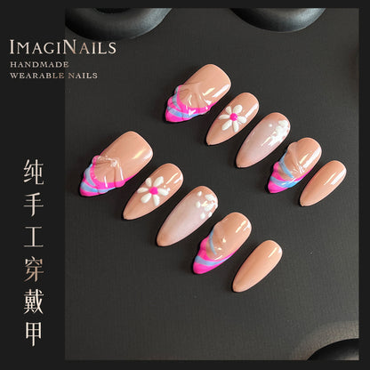 Hot Selling in Europe and America3D Three-Dimensional Carved Almond Nail Pure Hand-Worn Nail Piece