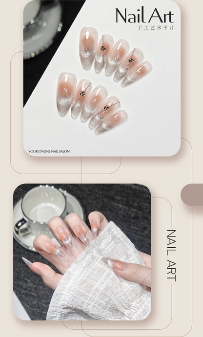 Handmade Wear Armor Summer Ice-Permeable French Blush Blooming Gradient High-Grade Almond Nail Stickers Fake Nails