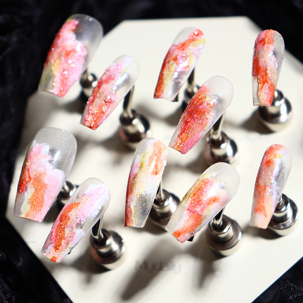 Peach Iced Tea Three-Dimensional Plaster Painted Wear Nail Sweet Thin and Glittering Spring New Handmade Wear Nail Patch