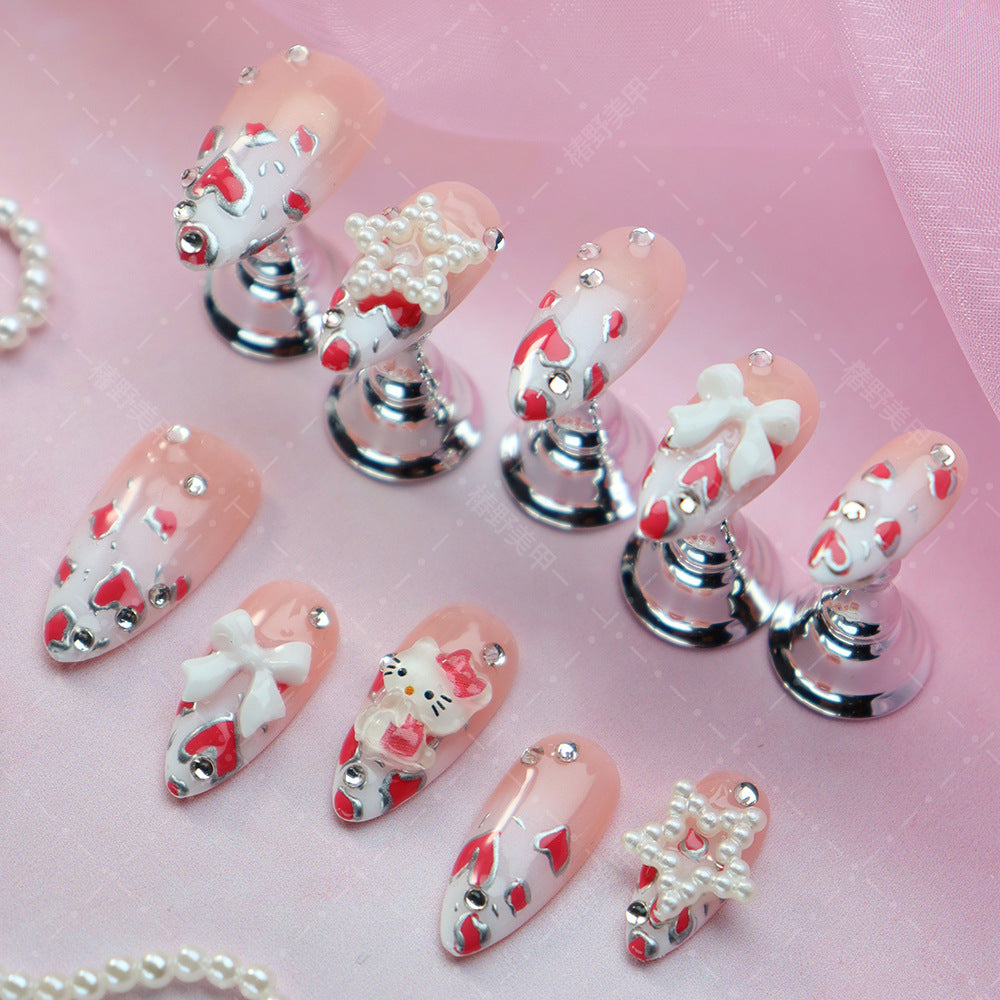 Popular Wear Armor Handmade Advanced Handmade Almond-Shaped Cartoon Cat Bow Love Smudges Nail Stickers10Piece Pack