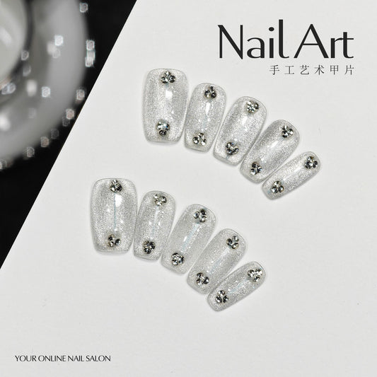 Autumn Art Handmade Wear Armor High Sense Autumn Cat Eye Silver Short White Nail Stickers Handmade Fake Nail Tip