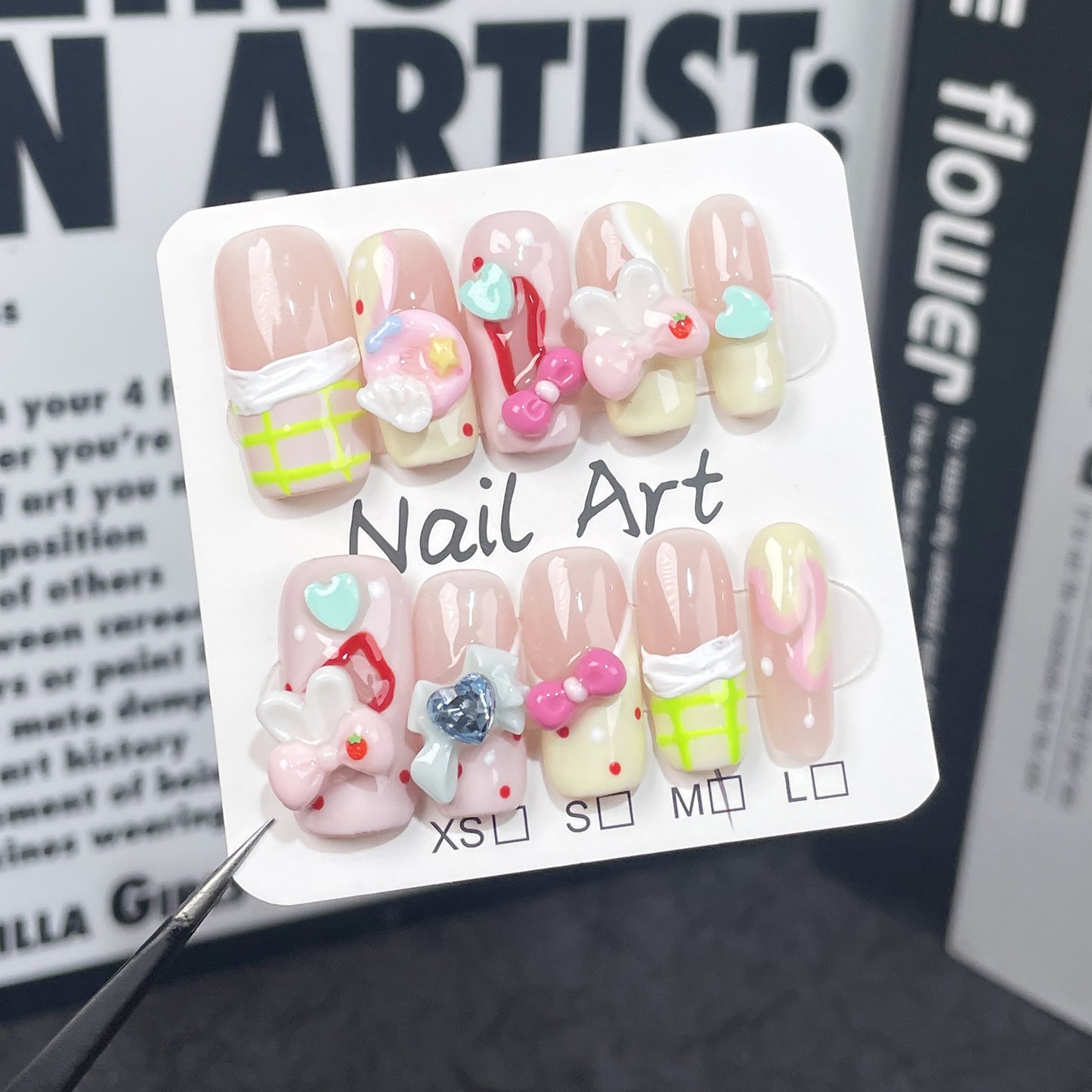 Sweet and Cute Hand-Worn Armor Medium and Rectangular Pure Want Ice Transparent Hand-Painted Nail Stickers Wearable Fake Nails Wholesale