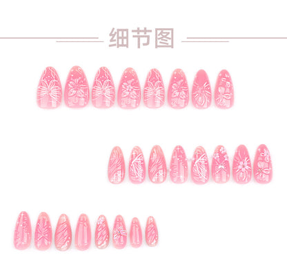 Sweet Pink Bow Flower Wear Nail Piece3D Love Nail Art Almond Type Fake Nails Nail Patch