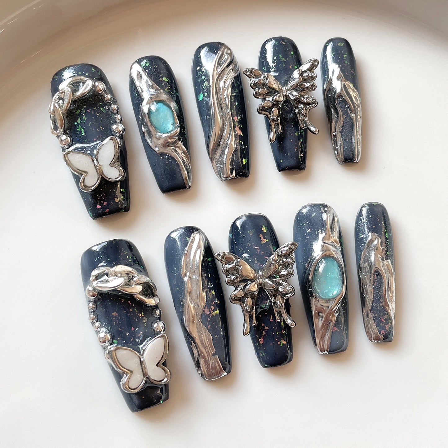 【Dyed Nail】Zhuang Zhou Mengdie Liquid Metallic Handmade Wear Jia Sweet Cool Hot Girl Long Nail Stickers Wholesale