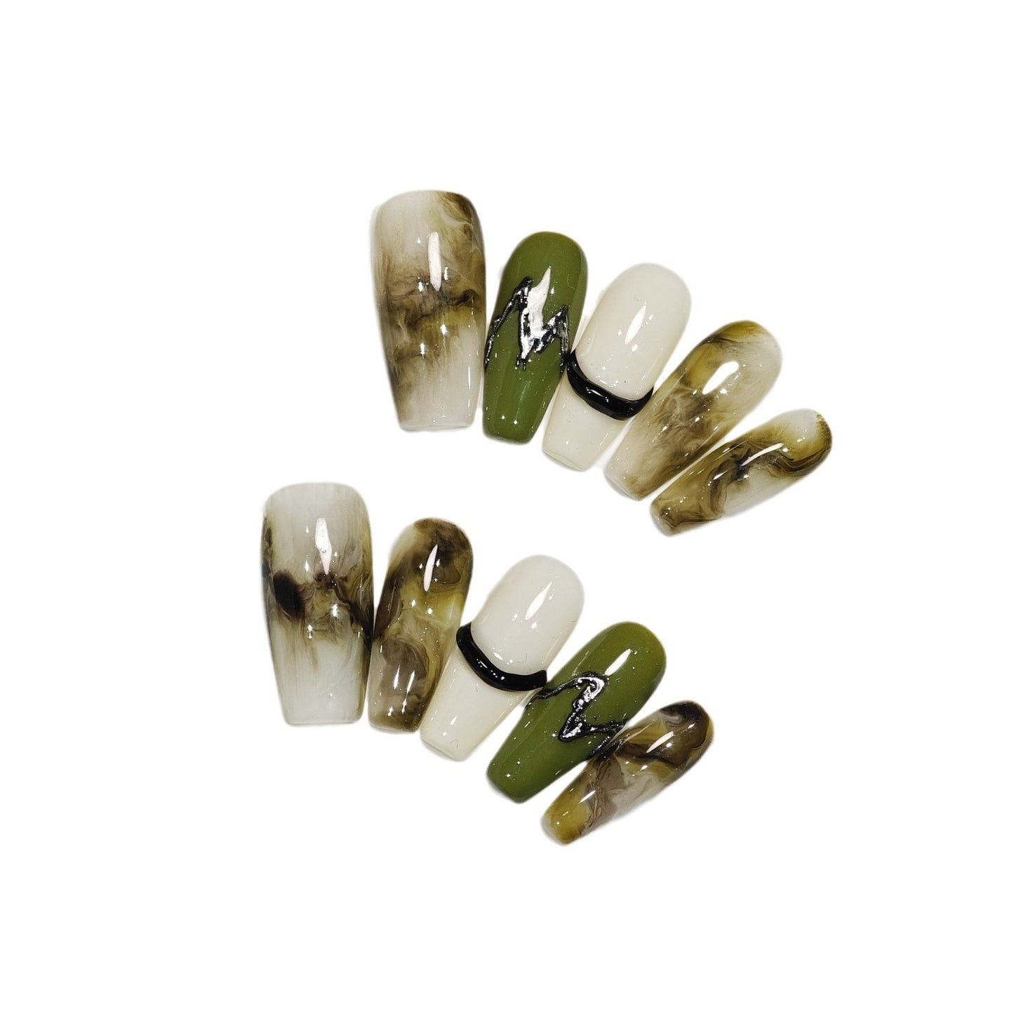 Handmade Wear Armor High-Grade Smudges Dark Green Boutique White Short Nail Stickers Handmade Fake Nails Wholesale