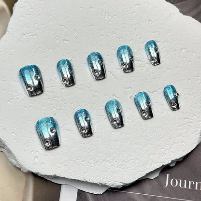 Europe and America Cross Border Popular Mirror Blue Sparkling Water Gradient Finished Product Nail Stickers Handmade Advanced Removable Nail Tip