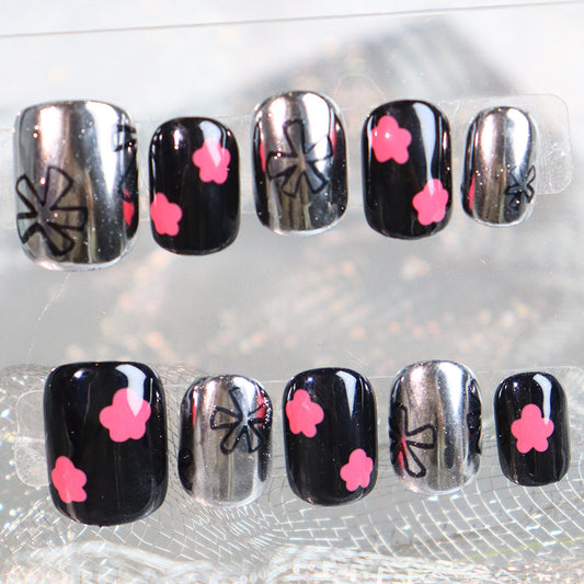 Wear Armor Sweet Sweet Cool Metallic Cute Simple Flower Black Silver Short Ballet Nail Stickers