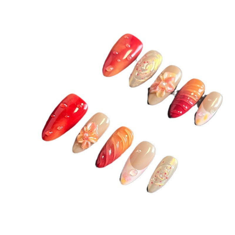 Hot Selling in Europe and America3D Three-Dimensional Carved Almond Nail Pure Hand-Worn Nail Piece