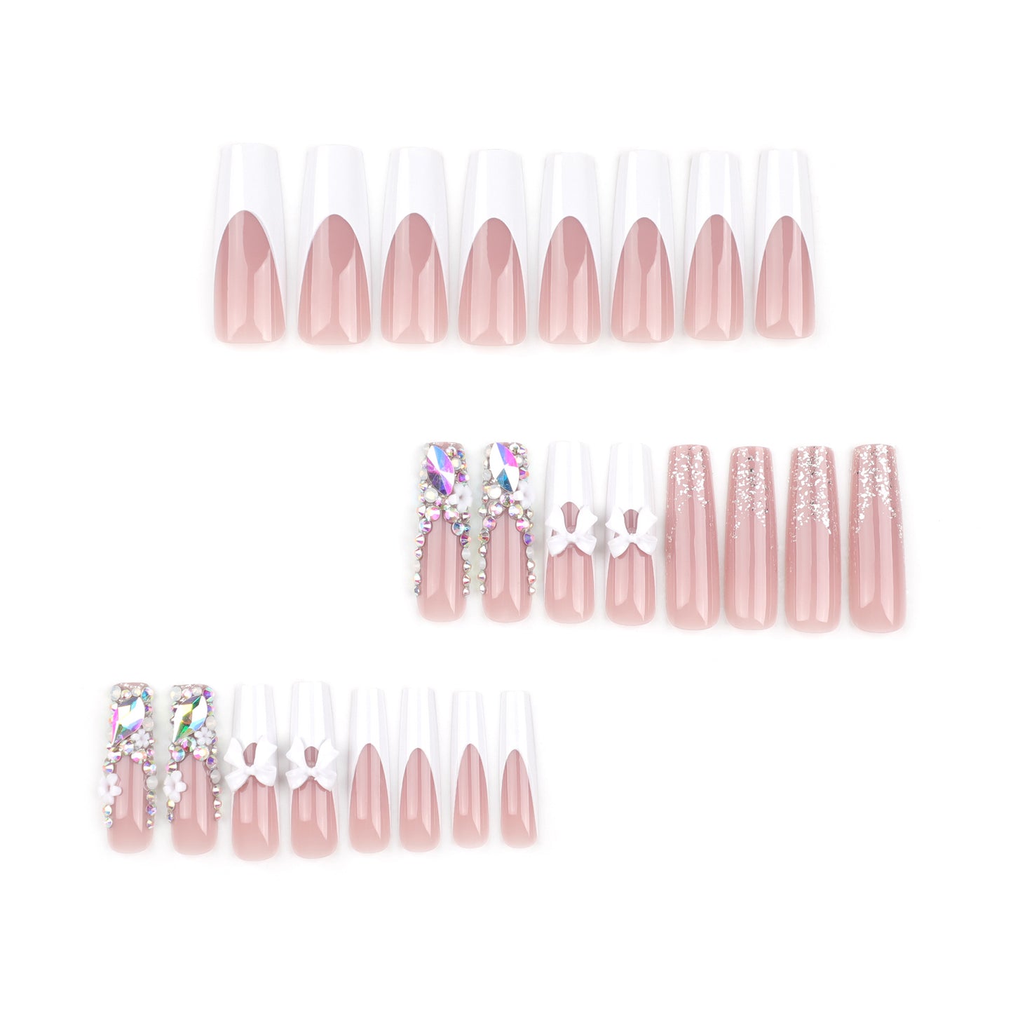 Rhinestone Flash Wear Nail Piece Wholesale Cross-Border French White Nail Bow Flower Rectangular Fake Nails