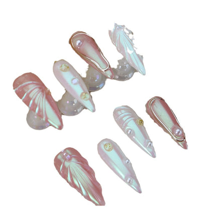 Long Pointed Nail Stickers European and American Sweet Cool Hot Girl Style Shell Patch Handmade Aurora Epoxy Wear Nail Detachable Nail