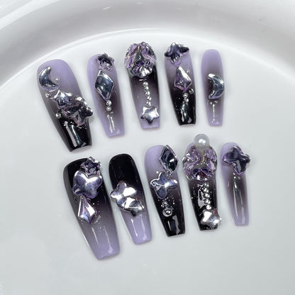 Hand-Worn Nail Spray Gun Gradient Pile Rhinestone Dark Purple Atmosphere Long Nail Stickers High-Grade Nail Sticker