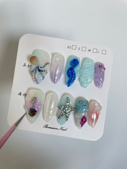 Cross-Border European and American Hot Hot-Selling Hand-Painted Happy Underwater World Hot-Selling Hot-Selling Pinch White High-Grade Long Manicure