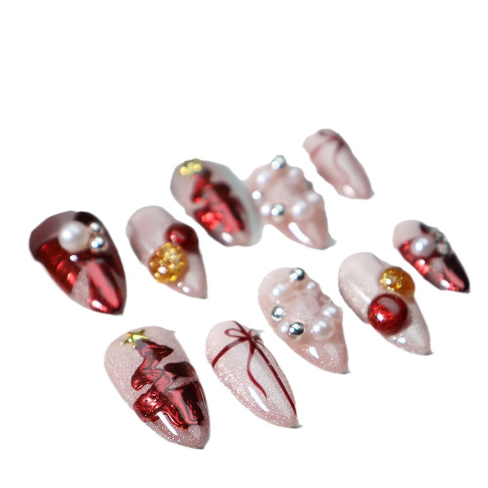 New Nail Beauty Wear Nail Hand-Painted Christmas Style Pearl Festive Cute White Fake Nails Handmade Detachable