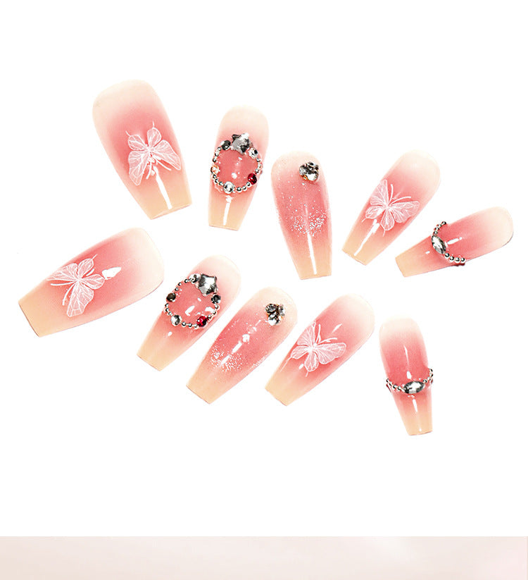 French Cat Eye Sweet Blush Manicure Fake Nails Butterfly Wearable Nail Tip Finished Short Wear Nail Wholesale