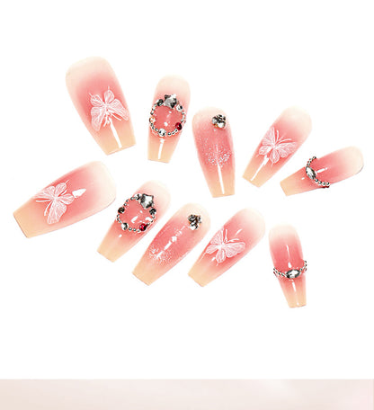 French Cat Eye Sweet Blush Manicure Fake Nails Butterfly Wearable Nail Tip Finished Short Wear Nail Wholesale