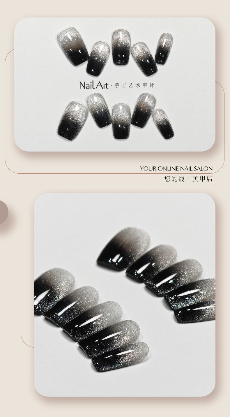 Qiuyi Handmade Wear Nail Gradient Cat Eye Sweet Cool White Handmade Short Nail Stickers Fake Nail Tip Wholesale