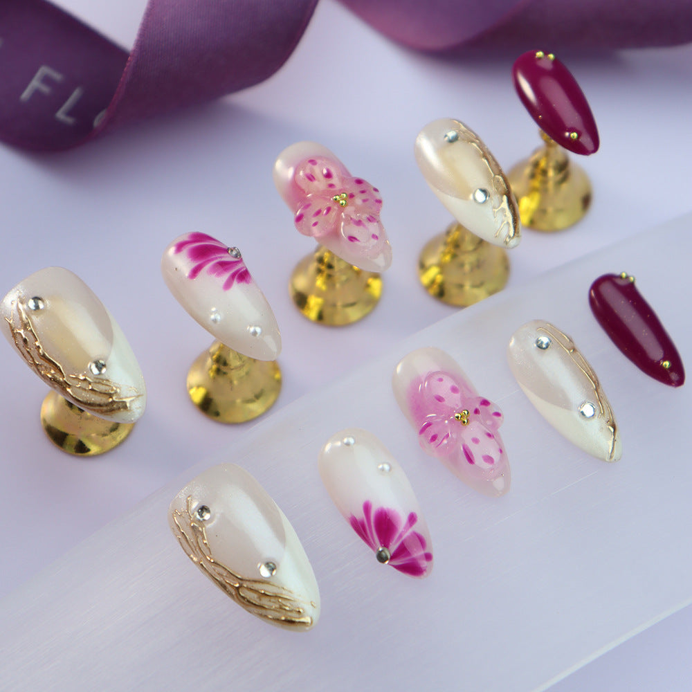 New Nail Beauty Patch Wear Nail Almond Style Niche Three-Dimensional Flower Diamond New Year Style French Nail Sticker Generation Hair