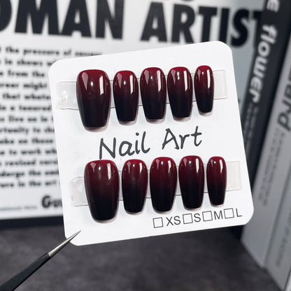 Handmade Wear Nail Cherry Red and Black Spray Gun Gradient Simple and Short Nail Stickers Wearable Nail Sticker