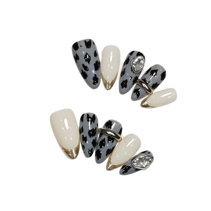 Handmade Wear Nail Autumn and Winter High-Grade Leopard Almond Nail French Nail Stickers Boutique Fake Nail Tip Wholesale