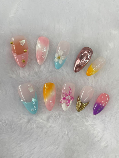 Cross-Border Hot Selling Popular Blooming Hand-Painted Three-Dimensional Carved White Elegant High-Grade Mid-Length Manicure