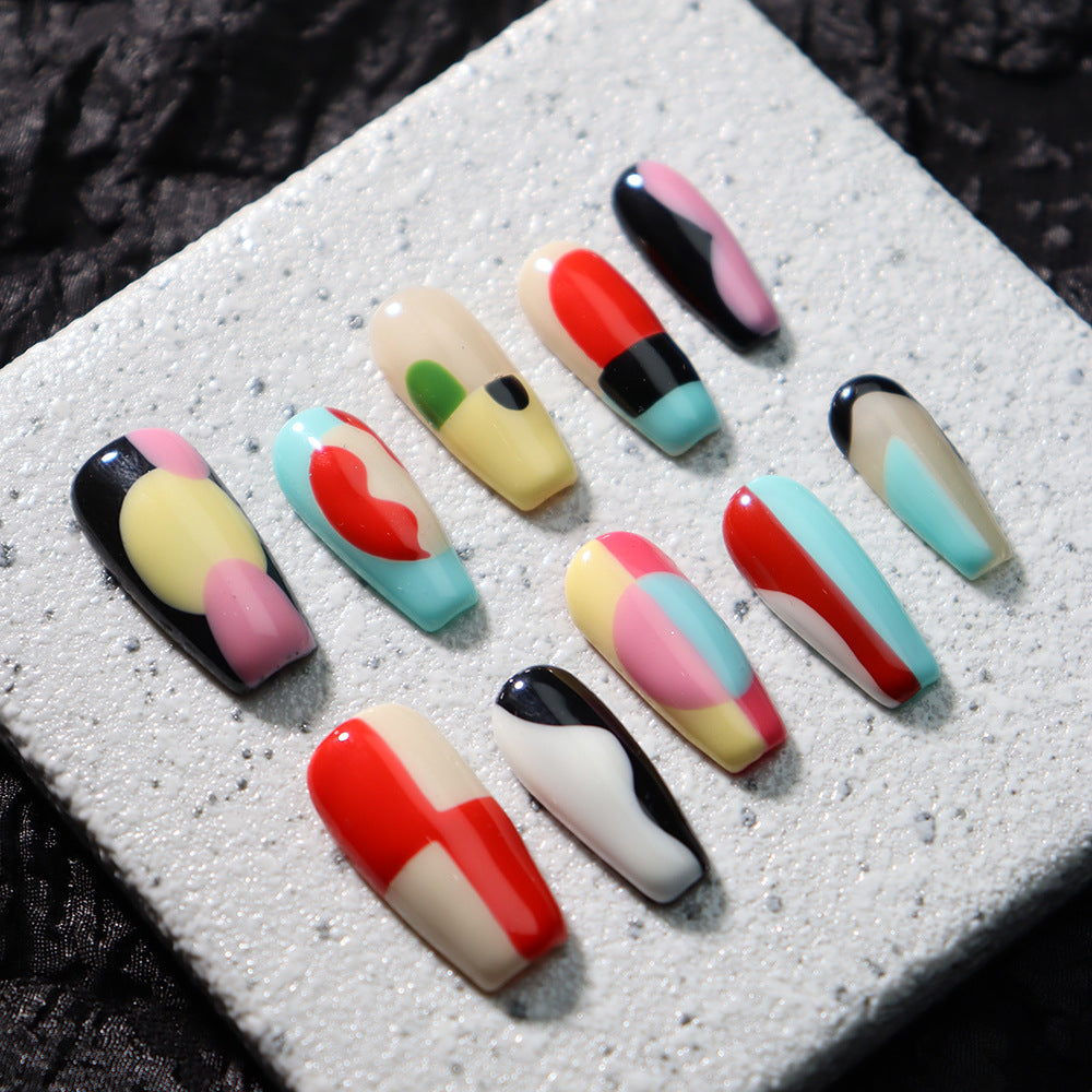 New Nail Beauty Patch European and American Advanced Handmade Hand-Painted Personality Y2K Hot Girl Dopamine Contrast Color Geometric Figure