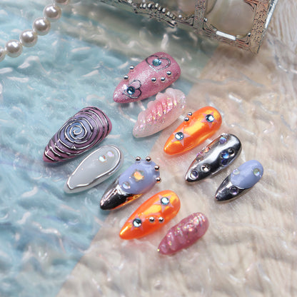 New Wear Nail Long Nail Tip Finished Product Summer Technology Sense Three-Dimensional Flash Vortex Gem Metallic Fake Nail Stickers