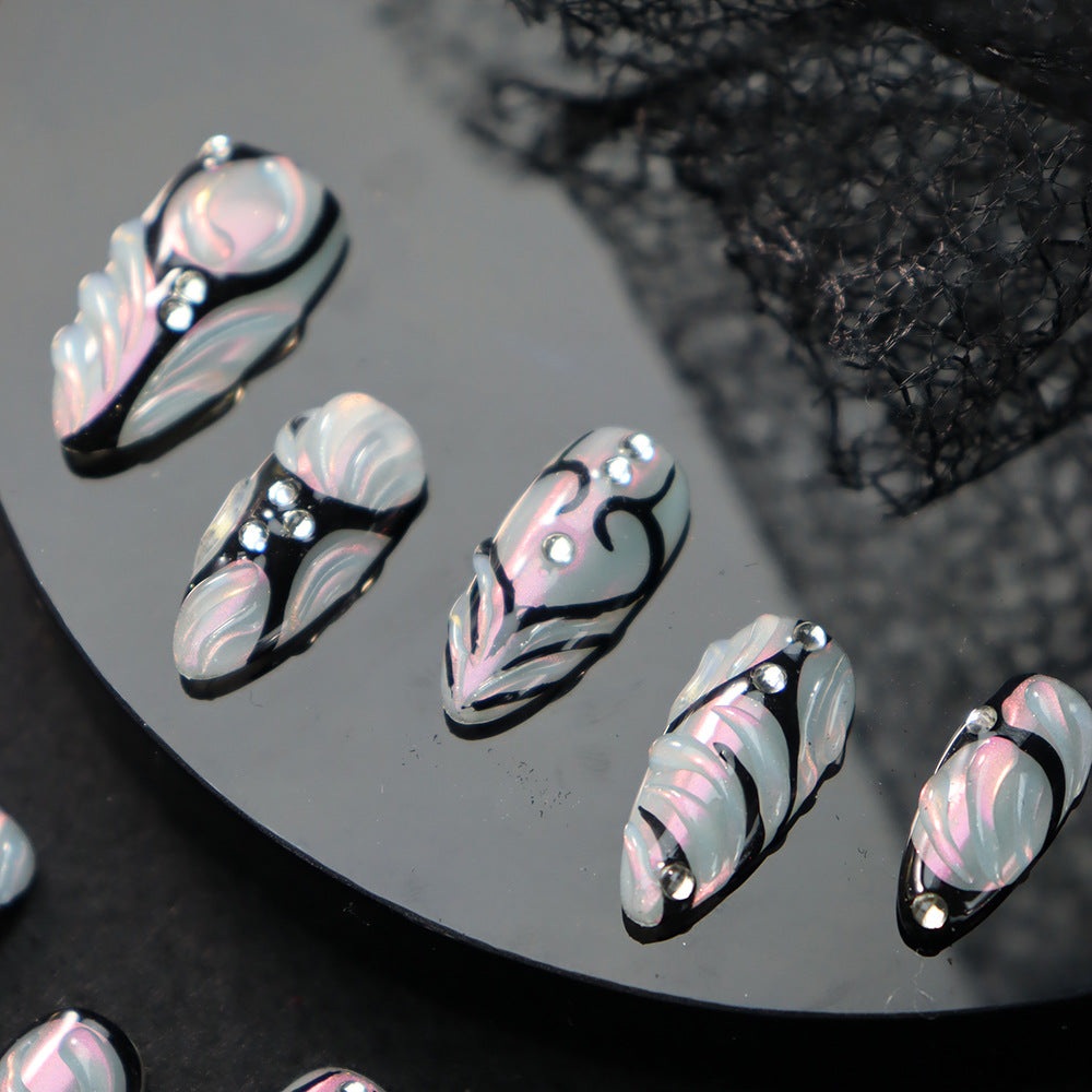 New Wear Armor ins Wind Laser Magic Color Pile Glue Black Lines European and American Hot Girl Style Handmade Manicure Fake Nail Tip