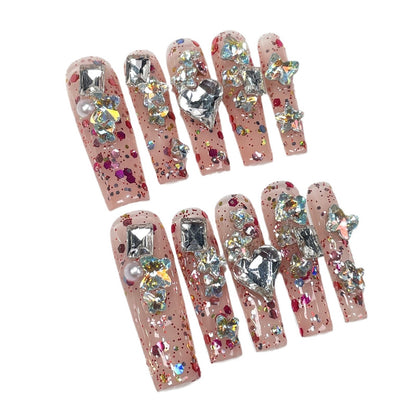 European and American Mid-Length Water Pipe Nail Beauty Ice Shining Full Diamond Hand-Worn Nail Cross-Border Foreign Trade Wearable Nail Sticker