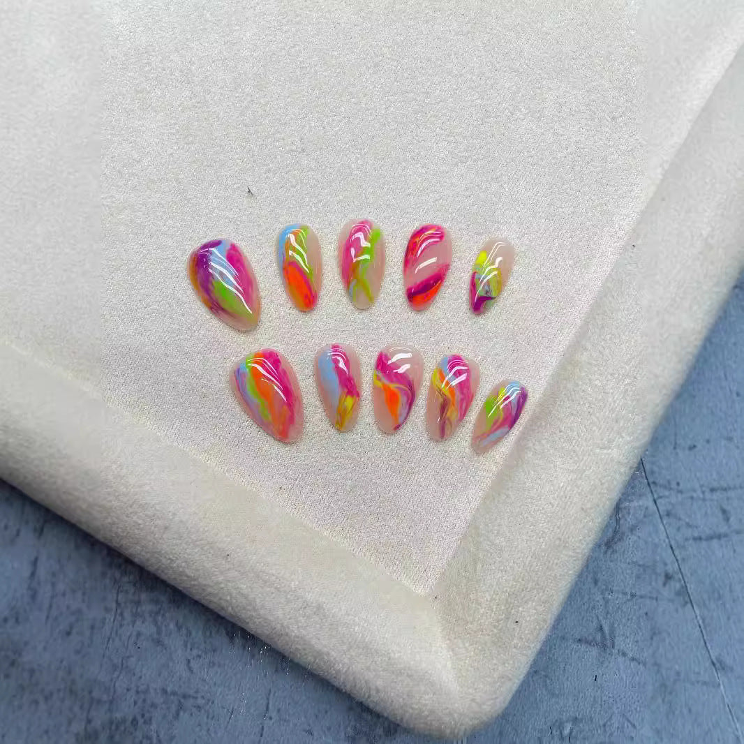 Europe and America Cross Border Hot Sale ins Wind Hand-Painted Color Dopamine Stripe Temperament Advanced Short Almond Nail Art