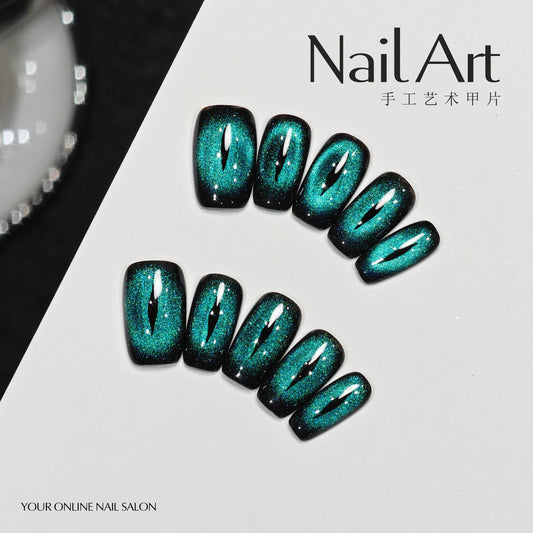 Handmade Wear Armor High Sense Short Green Devil's Eye Cat's Eye White Nail Stickers Fake Nails Wholesale