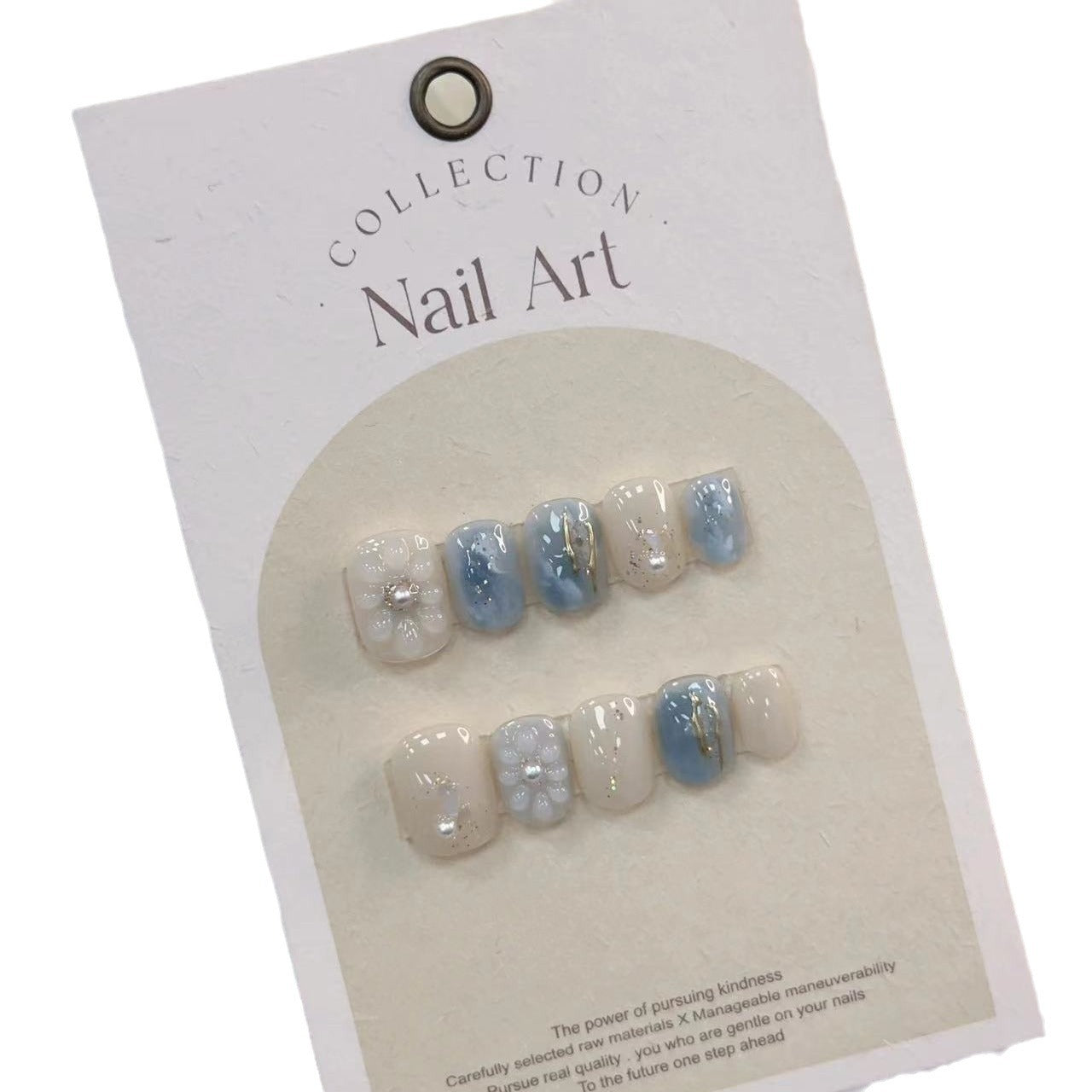 Handmade Wear Nail Short round Nail Hand Painted Daisy Relief Jelly Star River Galaxy Blue and White Marbling Blooming