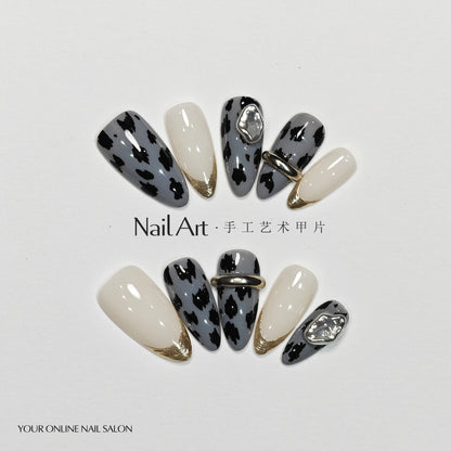 Handmade Wear Nail Autumn and Winter High-Grade Leopard Almond Nail French Nail Stickers Boutique Fake Nail Tip Wholesale