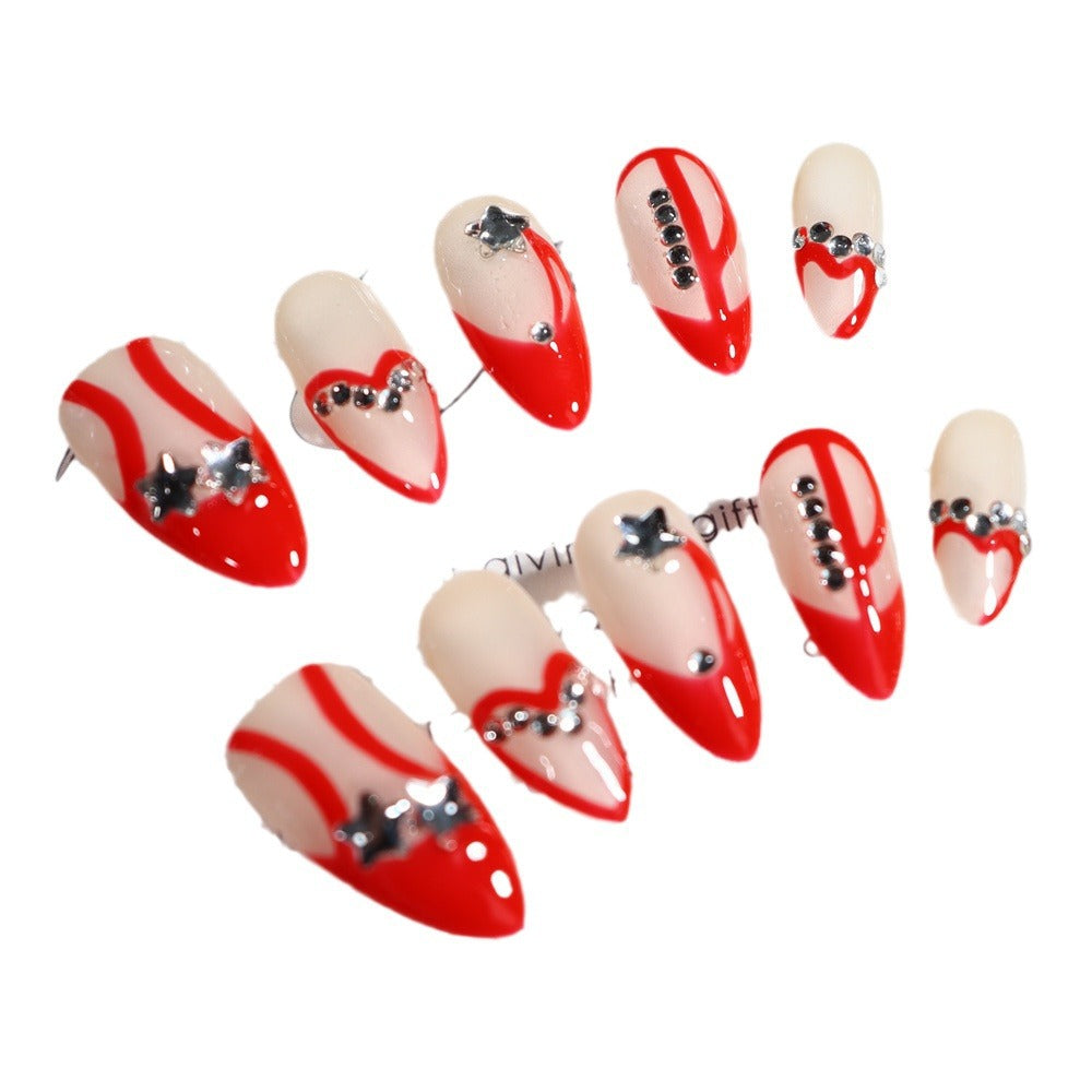 Korean Style Y2K Hot Girl Hand-Painted Hand-Worn Nail Love Red Two-Dimensional French Finished Manicure Fake Nail Tip