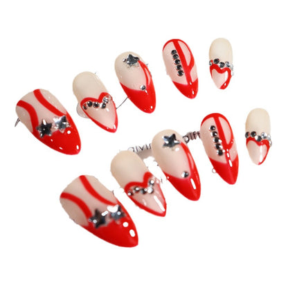 Korean Style Y2K Hot Girl Hand-Painted Hand-Worn Nail Love Red Two-Dimensional French Finished Manicure Fake Nail Tip